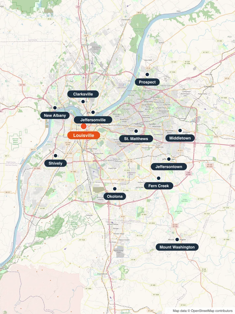 Map of the Louisville area with pins on Louisville and 11 nearby service cities